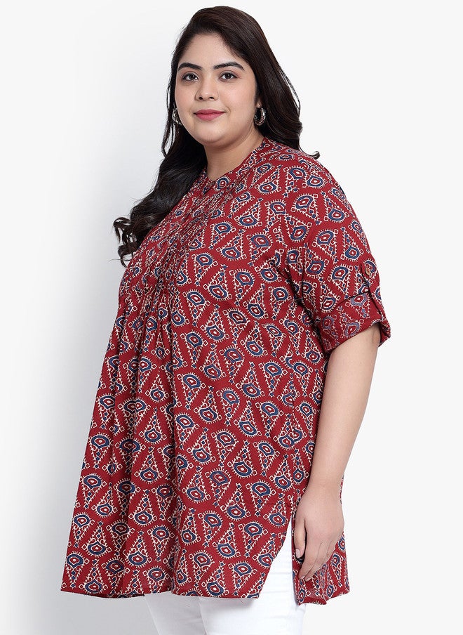 Indietoga Plus Size Geometric Printed Cotton Casual Tunic - Image 4
